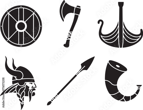 Viking warrior symbols, shield, axe, ship, horn