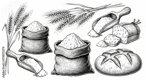 Artistic sketch of freshly baked bread, sacks of flour, and wheat stalks evokes rustic charm and culinary delight.