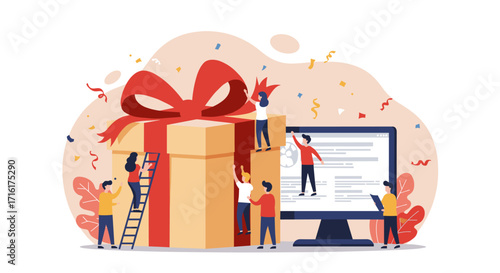 Team celebration and collaboration around a giant gift box with computer screen for holiday event isometric style vector illustration