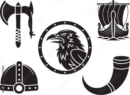 Viking warrior icons axe helmet shield ship horn