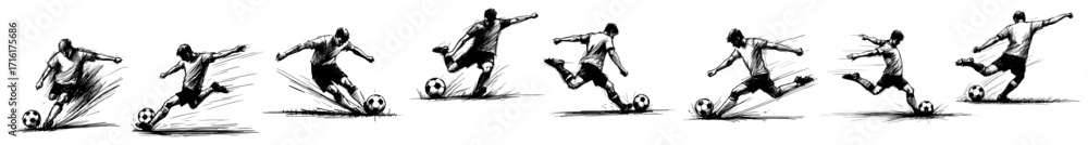 Obraz premium Soccer Player Action Sequence Illustration black shape vector laser cutting engraving monochrome print