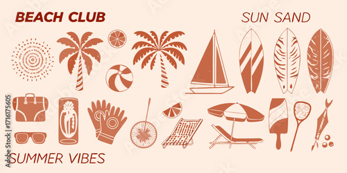 Beach club summer vibes with palm trees surfboards sailboat and beach accessories