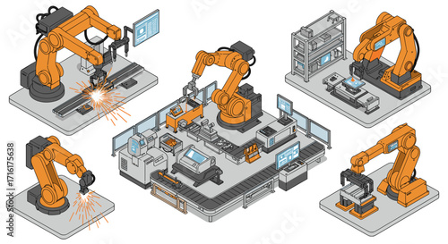Advanced industrial automation with robotic arms in a futuristic manufacturing process isometric style vector illustration