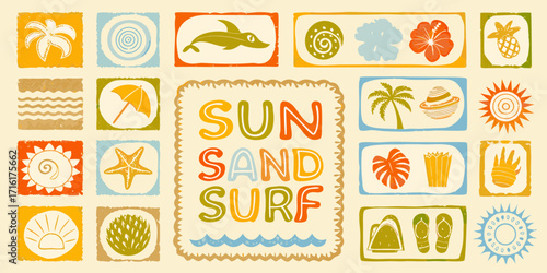 Retro hawaiian summer vibes with sun sand surf text and tropical icons