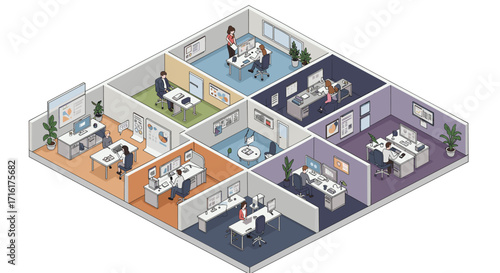 Modern office layout with open spaces and private workrooms for collaborative teamwork isometric style vector illustration