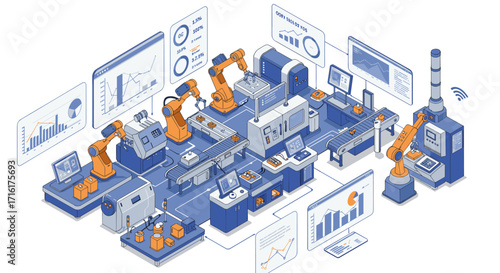 Automated factory with industrial robots and data analytics displays for industry innovation isometric style vector illustration