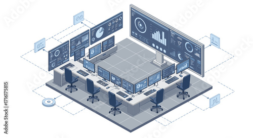 Modern control room with advanced technology for data monitoring and analysis isometric style vector illustration