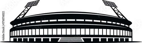 Modern stadium illustration, sports arena exterior with floodlights, black and white vector, contemporary event venue, urban landmark, architectural building structure, detailed design drawing
