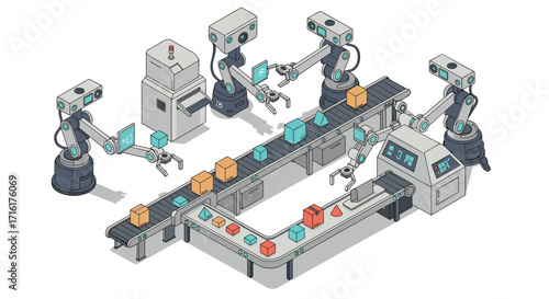 Futuristic robotic production line with conveyor belt and automated machinery isometric style vector illustration