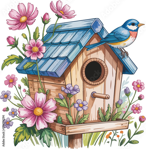 Bird house on a tree branch with flowers and birds