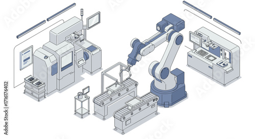 Automated industrial robotics and manufacturing assembly line innovation design isometric style vector illustration