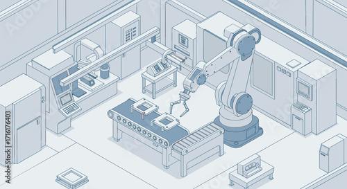 Futuristic automated factory assembly line with robotic arm technology isometric style vector illustration