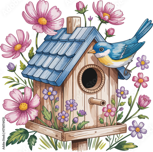 Bird house with flowers and birds in garden