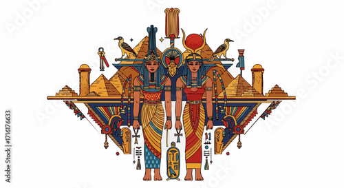 Stunning Egyptian royalty illustration featuring pharaohs, pyramids, hieroglyphs, and iconic symbols in vibrant colors