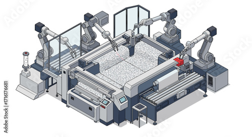 Industrial automation with advanced robotic textile manufacturing machine design isometric style vector illustration