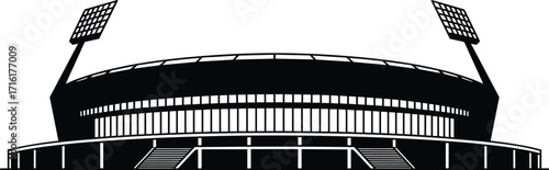 Modern stadium silhouette, sports arena exterior, floodlight tower design, black and white vector, contemporary event venue, urban landmark, architectural building structure drawing
