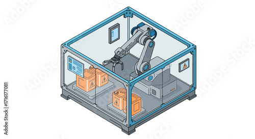 Automated robotic arm working in secure industrial environment for efficient manufacturing isometric style vector illustration