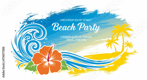 Vibrant beach party invitation with tropical waves, hibiscus flower, and palm trees on sandy shore