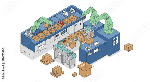 Automated robotics in modern warehouse packaging and sorting process vector illustration isometric