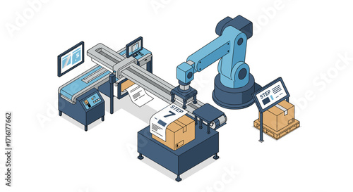 Automated robotics in industrial manufacturing assembly line for package management vector illustration isometric