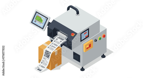 Automated label printing machine for shipping and packaging efficiency vector illustration isometric