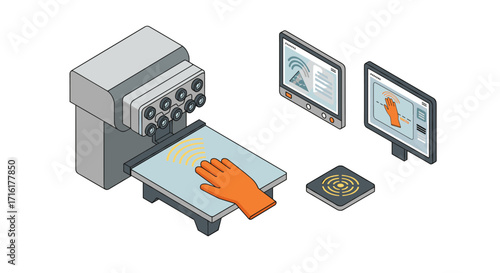Automated screen printing process with quality control monitors for industrial use vector illustration isometric