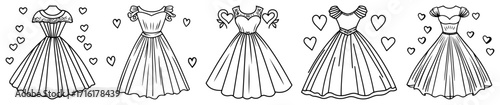 Vintage Dresses Collection with Hearts Line Art Vector