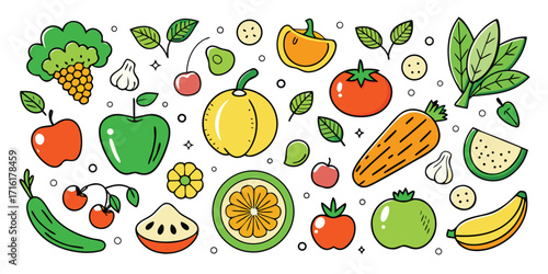 Vibrant hand-drawn assortment of fresh fruits and vegetables for healthy eating