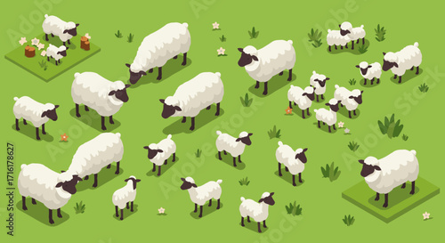 Isometric vector illustration of sheep grazing in pasture for farm design and educational materials