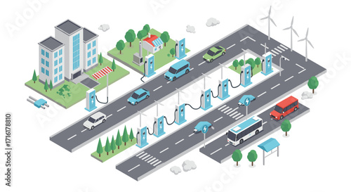 Sustainable city with electric charging stations and renewable energy elements in isometric style
