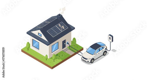 Isometric eco-friendly home with solar panels and electric car charging station