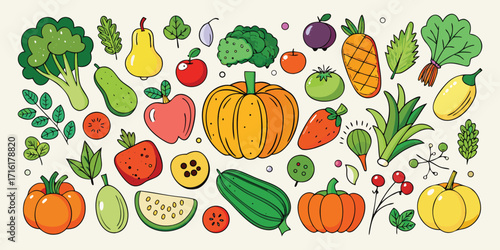 Colorful assortment of fresh fruits and vegetables displayed in a lively arrangement