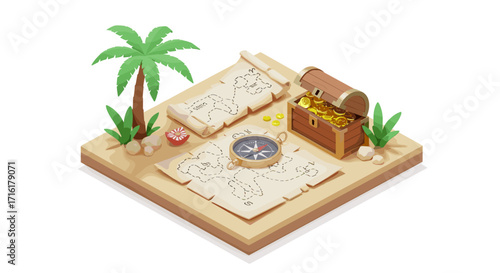 Isometric treasure hunt scene with compass, map, and chest on tropical