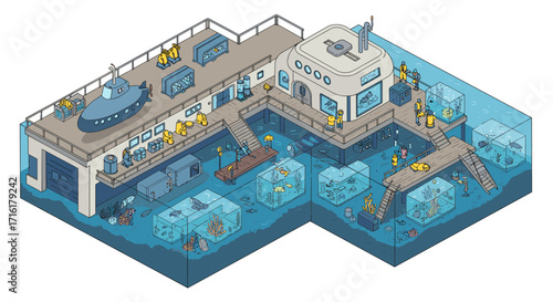 Isometric underwater lab with marine life and submarine in a modern re