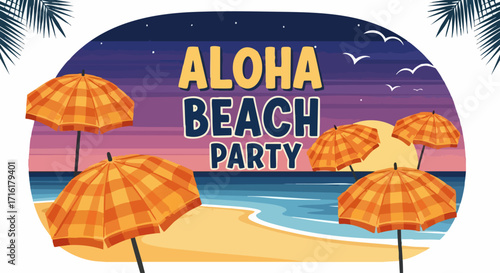 Aloha Beach Party Invitation with Orange Umbrellas, Tropical Vibes, and Sunset Celebration