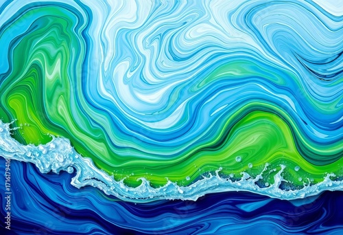 Abstract swirling blues and greens suggesting ocean waves and a shoreline,  illustration,  ripple