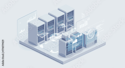 Futuristic data server room with holographic elements and transparent