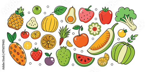 Colorful assortment of fresh fruits and vegetables in a lively artistic style