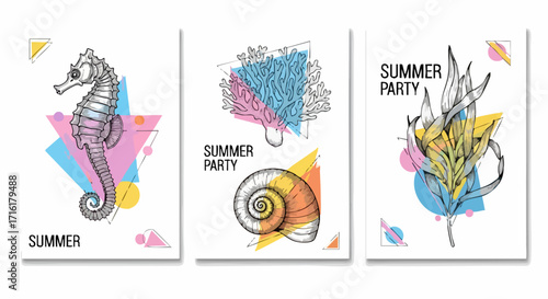 Vibrant summer party invitations feature seahorse coral and seaweed with modern geometric accents