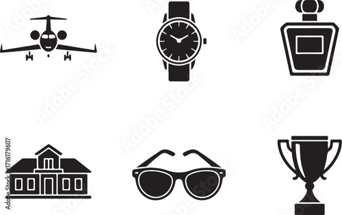Luxury lifestyle symbols private jet, watch, perfume, house, trophy