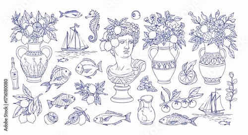 Mediterranean elegance unfolds with lemons, fish, ancient bust, and sailing ships in artistic line art