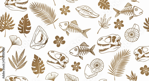 Discover ancient wonders with this charming pattern of dinosaur skulls, fish skeletons, and botanical elements.