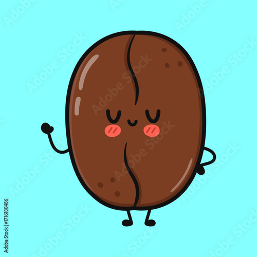 Cute cartoon coffee bean character waving hello on a bright blue background.