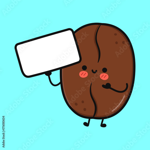 Cute coffee bean character with a happy expression on a light blue background.