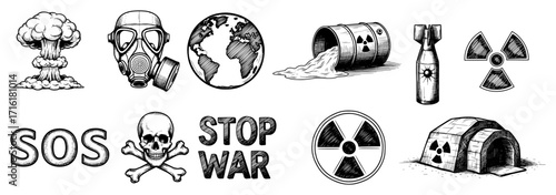 Hand Drawn Icons of War Nuclear Danger and Apocalypse