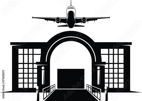 Airplane flying above arched terminal entrance with symmetrical architecture, travel concept, aviation gateway, black and white vector illustration design