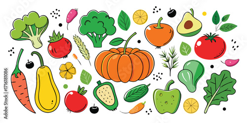 Vibrant assortment of fresh fruits and vegetables with whimsical doodles and splatters
