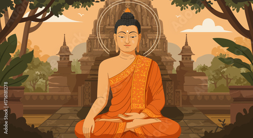 Peaceful illustration of Buddha meditating in lotus position, wearing an orange robe, against a temple backdrop with warm, earthy tones,  in a serene landscape