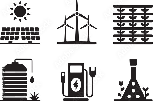 Sustainable energy icons: solar, wind, biofuel, EV charging