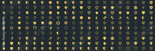 Shield icon set in vintage style. Protect shield security line icons. Badge quality symbol, sign, logo or emblem. Vector illustration	